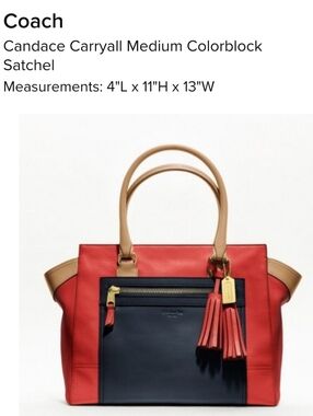 Coach Red and Navy Leather Tote with Tan Handles and Tassel Accent
